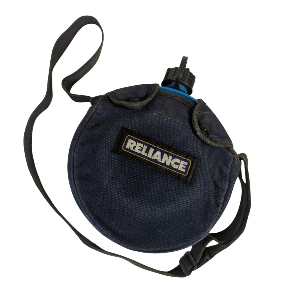 Reliance Desert Canteen Blue Plastic‎ Water Bottle w/ Navy Canvas Cover & Strap
